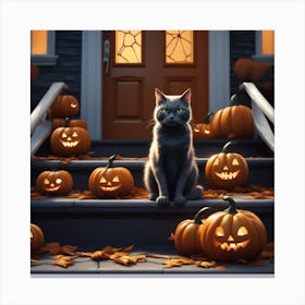 Halloween Cat Sitting On Steps 2 Canvas Print