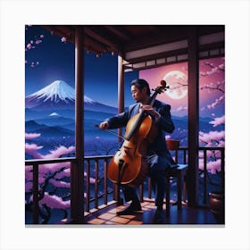 Man playing Cello With Mt Fuji Background Canvas Print