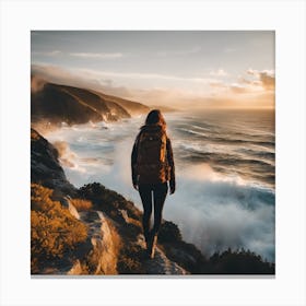 Woman Standing On Cliff At Sunset Canvas Print