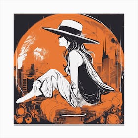 A Silhouette Of A Circle Wearing A Black Hat And Laying On Her Back On A Orange Screen, In The Style Canvas Print