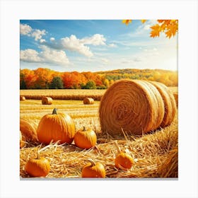 Autumn Harvest Scene Featuring Oversized Pumpkins Nestled Among Stalks Of Sunlit Corn Bales Of Hay Canvas Print