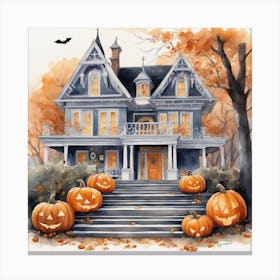 Halloween House With Pumpkins 16 Canvas Print