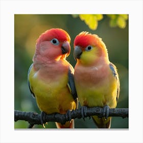 Two Lovebirds Perched On A Branch Canvas Print