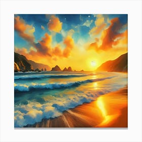 Generate An Impressionist Style Oil Painting Of A Stunning Beach During Sunset 2 Canvas Print