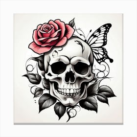 Skull With Rose And Butterfly Canvas Print