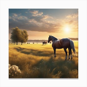 Horse In The Field At Sunset Canvas Print