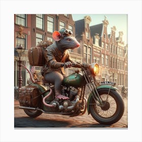 Steampunk Rat On A Motorcycle In The Center Of Amsterdam 2 Canvas Print