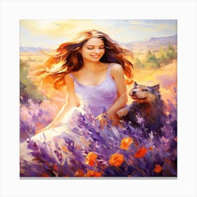 Girl With Dog In Lavender Field Canvas Print