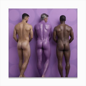 Three Naked Men Standing In Front Of Purple Wall Canvas Print