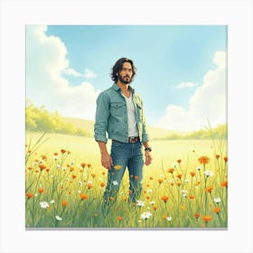 Keanu Reeves In A Peaceful Watercolor Meadow With Soft Wildflowers Canvas Print