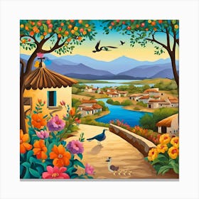 Bright Garden with Birds and blue lake inspiring time bright landscape nursery art Canvas Print