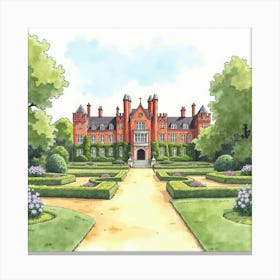 Watercolor View Of The Kelmarsh Hall In Northamptonshire, Capturing Its Grand Design And Extensive Gardens Canvas Print