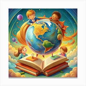 Children Holding A Globe On A Book Canvas Print