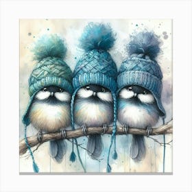 Three Birds In Blue Hats Canvas Print