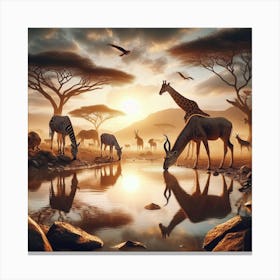 Giraffes Drinking Water At Sunset Canvas Print