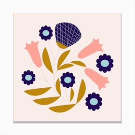 Dark Blue And Pink Retro Flower Composition 2 Canvas Print