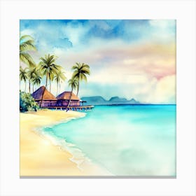 Watercolor Tropical Beach With Palm Trees, Bora Bora Canvas Print