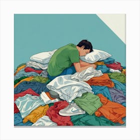 Man Sleeping In Pile Of Clothes Canvas Print