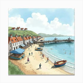 An English Seaside Town With A Bustling Pier And Fresh Seafood Stalls, Watercolor 1 Canvas Print