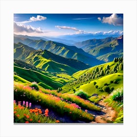 Mountain Landscape With Flowers Canvas Print