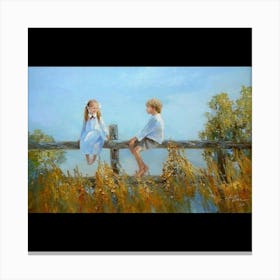 Two Children Sitting On A Fence Canvas Print