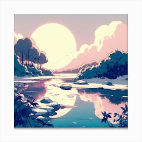 Forest River Sun Art Painting Anime Nature Landscape Trees Canvas Print