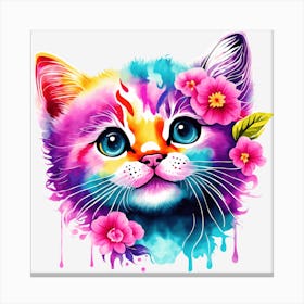 Colorful Cat With Flowers Canvas Print