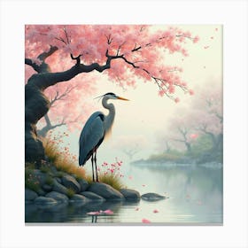 Heron By Cherry Blossom Tree 1 Canvas Print