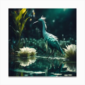 Rainforest Lily Pond with Teal Blue Wading Bird Canvas Print