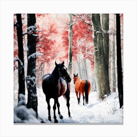Horses In Winter Forest Canvas Print