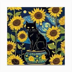 Black Cat With Sunflowers 1 Canvas Print