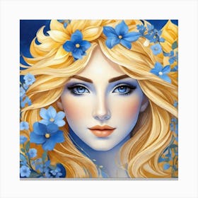 Blue Flowers on blonde girls head, glow, blue eyes, beautiful  Canvas Print