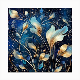 Golden Flowers On A Blue Background Canvas Print