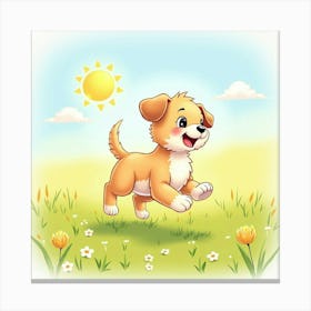 Baby Laughing As A Puppy Runs By In A Sunny Watercolor Meadow Canvas Print