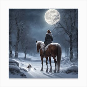 Woman Riding A Horse In The Snow Canvas Print