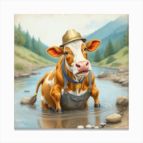 Cow In The Stream Canvas Print