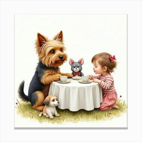 A Yorkshire Terrier And A Child Having A Tea Party With Stuffed Animals, Watercolor Canvas Print