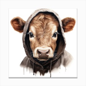 Watercolour Cartoon Cattle In A Hoodie Canvas Print