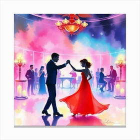 Delicate Watercolor Painting Two Elegant Silhouettes Dance In A Surreal Futuristic Ballroom Canvas Print