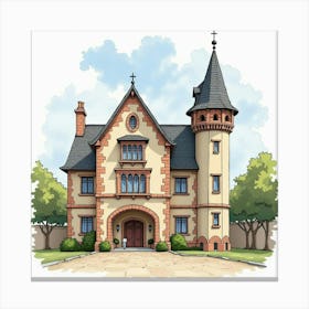 A Historical English Town Hall With Classic Architecture, Watercolor Style 1 Canvas Print