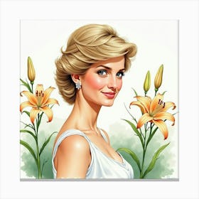 Graceful Watercolor Portrait Of Princess Diana Amidst Blooming Lilies 1 Canvas Print