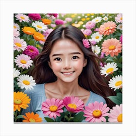 Asian Girl In A Flower Field Canvas Print