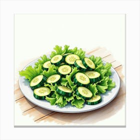 Watercolor Sketch Of A Fresh And Vibrant Cucumber Salad On A Stylish Kitchen Table Canvas Print