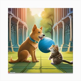 Cat And Dog Playing Ball Canvas Print