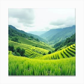 Watercolor Landscape Of Rice Terraces, Vibrant Greens Under A Cloudy Sky 1 Canvas Print