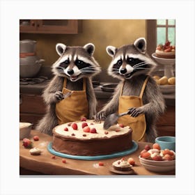 Two Raccoons baking a cake Canvas Print