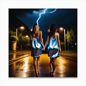 Two Women Holding Hands In The Rain Canvas Print