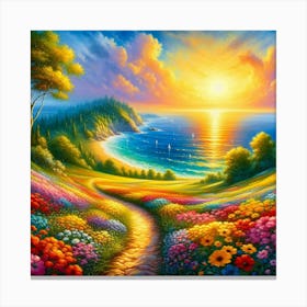 Sunset on a meadow with flowers and seascape Canvas Print