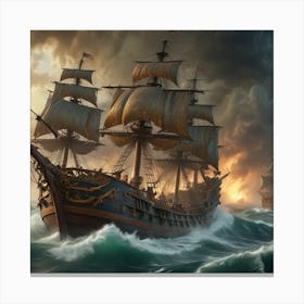 Pirate Ships In Stormy Seas Canvas Print