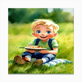 Little Boy Eating In The Grass Canvas Print